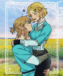  1boy 1girl aqua_shirt aqua_tunic arm_around_another's_waist arms_around_neck black_gloves black_pantyhose blonde_hair blue_eyes braid champion's_tunic_(zelda) closed_eyes closed_mouth commentary_request couple crown_braid earrings field fingerless_gloves flower flower_field gloves gold_trim hair_ornament hair_tie hairclip hetero highres jewelry korean_commentary layered_sleeves link looking_at_another medium_hair open_mouth outdoors pantyhose parted_bangs pointy_ears ponytail princess_zelda shirt short_hair short_ponytail sidelocks smile srsr_54 sunflower the_legend_of_zelda the_legend_of_zelda:_breath_of_the_wild tunic twitter_username 
