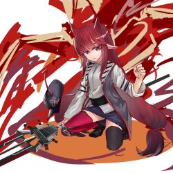  1girl arknights asymmetrical_legwear black_hat black_shoes closed_mouth collared_shirt commentary demon_girl demon_horns demon_tail full_body hat holding holding_polearm holding_weapon horns jacket long_hair long_sleeves looking_at_viewer low-tied_long_hair low_twintails mismatched_legwear open_clothes open_jacket pointy_ears polearm red_eyes red_hair red_nails red_thighhighs shenqi_xiaohuang shirt shoes skirt solo squatting tail thigh-highs twintails unworn_hat unworn_headwear very_long_hair vest vigna_(arknights) weapon white_shirt 
