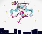  1girl :&gt; ahoge aqua_hair arms_up blush chibi cityscape dress future_eve_(vocaloid) gradient_hair hair_ornament hair_ribbon hanging hatsune_miku heart highres long_hair looking_down magical_mirai_(vocaloid) magimirai_miku magimirai_miku_(2022) microphone_wand multicolored_hair pink_dress pink_hair pink_ribbon ribbon rocket sleeveless sleeveless_dress smile solo star_(sky) star_(symbol) star_hair_ornament striped striped_ribbon thigh-highs twintails very_long_hair vocaloid zuu100lev 