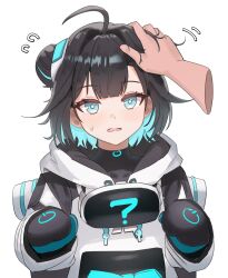  1girl absurdres aqua_eyes black_survival blush commentary_request eternal_return:_black_survival gloves headpat highres hime_cut hood hoodie korean_commentary looking_at_viewer lumi_(black_survival) lynnz multicolored_hair neon_trim open_mouth short_hair sweat 