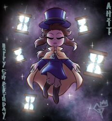  1girl a_hat_in_time boots brown_boots brown_hair brown_pants cape child closed_mouth commentary english_commentary facing_viewer floating floating_hair floating_hat full_body gothiccprince happy_birthday hat hat_kid hat_ribbon highres hourglass jacket knee_boots long_hair long_sleeves open_hands pants parted_lips ponytail purple_background purple_hat purple_jacket ribbon sidelocks signature solo top_hat yellow_cape yellow_ribbon 