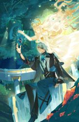  1boy 1girl anaxa_(honkai:_star_rail) arm_tattoo arm_up ascot bare_shoulders black_capelet black_corset black_gloves black_jacket black_pants black_shoes blue_coat blue_eyes brown_hair bug bush butterfly calypso_(honkai:_star_rail) capelet chinese_commentary closed_eyes coat column commentary coreflame_(honkai:_star_rail) corset dress earrings eyepatch full_body gloves glowing_butterfly green_hair hair_between_eyes hair_intakes hair_ornament hair_over_shoulder highres honkai:_star_rail honkai_(series) horns jacket jewelry leaf long_hair long_sleeves looking_at_object looking_up low_ponytail moss multiple_rings outdoors pants parted_lips partially_fingerless_gloves pillar ponytail ring shoes signature sitting statue tattoo tooaya tree tree_horns white_ascot white_dress 