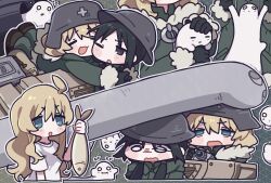  1other 2girls ahoge animal annoyed black_eyes black_gloves black_hair blonde_hair blue_eyes blush blush_stickers camera cheek-to-cheek chito_(shoujo_shuumatsu_ryokou) closed_eyes coat combat_helmet commentary cropped_torso fish fur-trimmed_coat fur_trim gloves green_coat hat headpat heads_together helmet highres holding holding_animal holding_camera holding_fish hug kettenkrad long_hair low_twintails military_uniform military_vehicle multiple_girls multiple_views nuko_(shoujo_shuumatsu_ryokou) official_alternate_costume one_eye_closed open_mouth shirt shoujo_shuumatsu_ryokou statue twintails untranslatable_commentary wavy_mouth white_shirt yeolomang yuuri_(shoujo_shuumatsu_ryokou) 