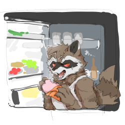  1boy absurdres animal_ears claws commentary eating fangs furry furry_male guardians_of_the_galaxy highres looking_at_viewer male_focus marvel marvel_rivals open_mouth open_refrigerator raccoon_boy raccoon_ears raccoon_tail refrigerator rocket_raccoon shirt sisijimakarashi sleeveless sleeveless_shirt sound_effects sweatdrop tail tank_top untranslatable_commentary upper_body white_shirt white_tank_top 