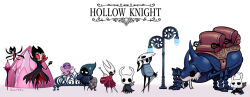 1girl 1other 4boys arthropod_boy bano_akira bench black_eyes black_skin cloak colored_skin commentary_request dirtmouth grey_cloak grimm_(hollow_knight) grimmchild hand_up hollow_knight hornet_(hollow_knight) knight_(hollow_knight) lamppost mask mask_on_head multiple_boys red_cloak salubra_(hollow_knight) shield simple_background tent the_last_stag tiso weapon weapon_on_back white_background white_eyes white_mask zote 