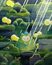  abandoned alternate_form ditto flower flower_on_head from_behind gouache_(medium) highres moss mosslax painting_(medium) pokemon pokemon_(creature) pokemon_focus pokemon_pokopia slumped snorlax titsay traditional_media 
