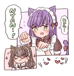  2girls :d alternate_costume animal_ears apron brown_dress brown_hair cat_ears cat_girl cat_tail closed_eyes collared_dress commentary_request dress fang frilled_apron frills fujishima_megumi green_eyes heart highres kemonomimi_mode love_live! love_live!_hasu_no_sora_jogakuin_school_idol_club maid_apron mashikaku_(ma4kaku10fu) multiple_girls nyan nyan_nyan_nyan_fair_in_gamers open_mouth otomune_kozue paw_pose puffy_short_sleeves puffy_sleeves purple_hair short_sleeves sidelocks smile sparkle speech_bubble tail twintails u_u virtual_youtuber white_apron 