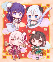  1other 25-ji_nightcord_de._(project_sekai) 3girls :o ;) akiyama_mizuki asahina_mafuyu black_shoes blue_eyes blue_hair blush boots braid brown_eyes brown_hair bun_cover chibi chibi_only china_dress chinese_clothes closed_mouth commentary_request cup double-parted_bangs double_bun dress green_boots green_dress hair_between_eyes hair_bun highres long_hair multiple_girls one_eye_closed open-toe_boots open_mouth oyasumirakko pink_eyes pink_hair project_sekai purple_hair shinonome_ena shoes short_hair side_ponytail sidelocks sitting smile spoon standing standing_on_one_leg teacup violet_eyes white_boots white_dress yoisaki_kanade 