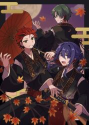  3boys :d autumn_leaves bead_bracelet beads black_border black_hair black_hakama black_kimono border bracelet branch closed_mouth clouds commentary crescent earpiece egasumi ensemble_stars! falling_leaves floating_hair full_moon glasses glint green_hair grey-framed_eyewear grin hair_between_eyes hair_intakes hakama hand_up hasumi_keito highres holding holding_sword holding_umbrella holding_weapon idol japanese_clothes jewelry kanzaki_souma katana kimono kiryu_kuro leaf leaf_print long_hair long_sleeves looking_at_viewer male_focus maple_leaf maple_leaf_print moon motoyui multicolored_hair multiple_boys night official_alternate_costume outline outside_border parasol ponytail print_kimono profile purple_hair red_hair sako_nako sayagata sheath sheathed short_hair sidelocks sky sleeve_ribbon smile spiky_hair star_(sky) streaked_hair sword umbrella untranslatable_commentary v-shaped_eyebrows weapon white_outline wide_sleeves 
