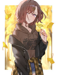  1girl black_jacket blurry blurry_background blush border brown_hair brown_hoodie collarbone commentary_request denim denim_shorts falling_leaves fingernails ginkgo_leaf highres higuchi_madoka holding holding_leaf hood hoodie idolmaster idolmaster_shiny_colors jacket jacket_partially_removed leaf long_sleeves mole mole_under_eye nail_polish outdoors red_eyes short_hair shorts solo white_border yumeme_818 