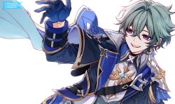  1boy absurdres ahoge blue_cape blue_gloves blue_jacket cape commentary earrings genshin_impact gloves green_eyes green_hair hair_intakes highres jacket jewelry leaning_to_the_side lohen_(genshin_impact) looking_to_the_side male_focus multicolored_eyes open_mouth red_eyes shirt simple_background single_earring smile solo teeth two-tone_eyes upper_body upper_teeth_only watermark white_background white_shirt yuu_(isis7796) 