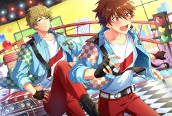  2boys absurdres balloon belt black_boots black_gloves blush boots brown_eyes brown_hair buckle buttons car checkered_floor clenched_teeth collared_shirt commentary_request ensemble_stars! fingerless_gloves fingernails floating_clothes gloves green_eyes hair_between_eyes headset highres kindo layered_clothes long_sleeves looking_at_viewer male_focus morisawa_chiaki motor_show_(ensemble_stars!) motor_vehicle multiple_boys official_alternate_costume open_clothes open_mouth open_shirt pants partial_commentary red_pants shirt short_hair snap-fit_buckle stage_lights takamine_midori teeth three-quarter_sleeves traffic_light twitter_username upper_teeth_only wing_collar 