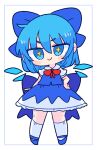  1girl blue_bow blue_eyes blue_footwear blue_hair blue_skirt blue_vest blush bow cirno closed_mouth collared_shirt detached_wings fairy full_body hair_between_eyes hair_bow highres ice ice_wings op_na_yarou puffy_short_sleeves puffy_sleeves shirt shoes short_hair short_sleeves skirt smile socks solo touhou vest white_shirt white_socks wings 