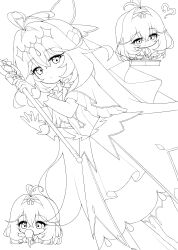  1girl absurdres ahoge antenna_hair chibi closed_mouth commentary cup cure_arcana_shadow dress drinking dual_persona greyscale hagoonha hair_between_eyes heart highres holding holding_wand lineart long_hair looking_at_viewer meitantei_precure! monochrome moria_luluka multiple_views precure simple_background wand 