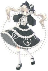  1girl absurdres black_bonnet black_dress black_ribbon black_shoes blonde_hair bonnet buttons chinstrap choppy_bangs closed_mouth commentary cross cross_print curled_horns dress drill_hair english_commentary expressionless frilled_socks frills full_body gothic_lolita grey_eyes hands_on_own_cheeks hands_on_own_face heart heart_print highres horns lace-trimmed_dress lace_trim latin_cross lolita_fashion long_hair long_sleeves looking_at_viewer mary_janes medium_dress original print_dress puffy_long_sleeves puffy_sleeves ribbon shiroganeyoru shoes sidelocks simple_background socks solo standing sunburst twin_drills very_big_eyes white_background white_horns white_socks 