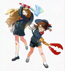  1boy 1girl animal_bag arms_up black_hat black_jacket black_shorts bow bowtie brown_eyes brown_hair closed_mouth commentary contrast_collar glasses grabber_tool gregor_(project_moon) hat hat_bow highres holding holding_toy jacket limbus_company limbus_kindergarten_uniform long_hair looking_at_viewer luan_(luans51129268) official_alternate_costume project_moon red_bow red_bowtie rodion_(project_moon) shorts toy very_long_hair 