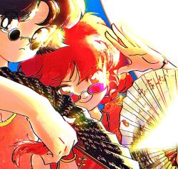  2girls black_eyes black_hair braid chinese_commentary closed_mouth commentary_request frown hand_fan hand_up highres holding holding_fan looking_at_viewer luuxiriver multiple_girls ranma_1/2 red_eyes red_hair round_eyewear saotome_ranma saotome_ranma_(female) short_hair single_braid smile tendou_akane 