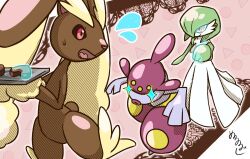  +_+ 3girls animal_ears black_sclera bob_cut border brown_fur candy chocolate colored_sclera colored_skin food furry furry_female gardevoir green_hair green_skin hair_over_one_eye heart heart-shaped_chocolate heart-shaped_food highres looking_at_another lopunny medicham meruru_gu multicolored_skin multiple_girls open_mouth pink_background pink_hair pokemon pokemon_(creature) pokemon_mystery_dungeon purple_skin rabbit_ears rabbit_girl rabbit_tail red_eyes short_hair simple_background standing tail telekinesis two-tone_fur two-tone_skin white_border white_skin yellow_fur 