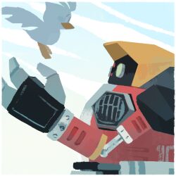  1boy ^_^ beak bird blue_background border closed_eyes e-102_gamma feathers flicky_(character) floating flying from_side gigi_d.g. green_eyes humanoid_robot looking_at_another mecha no_humans non-humanoid_robot open_hand outdoors robot sky sonic_(series) sonic_adventure source_request white_border 