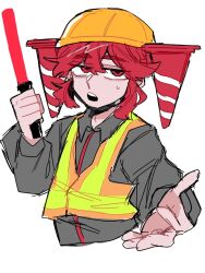  1girl bored collared_shirt construction_worker cropped_torso fake_hair grey_shirt hair_between_eyes hard_hat helmet high-visibility_clothing high-visibility_vest holding_baton kakuzatou_(vy5a_heart) kasane_teto open_mouth red_eyes red_hair shirt short_hair simple_background solo traffic_baton traffic_cone utau vest white_background yellow_vest 
