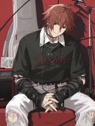  1boy ahoge amagase_touma arm_warmers belt black_arm_warmers black_belt black_choker black_shirt bracelet brown_eyes brown_hair cable cd cd_case chain chain_bracelet chain_necklace choker closed_mouth collared_shirt earphones guitar_case hair_between_eyes highres idolmaster idolmaster_side-m in43 instrument_case interlocked_fingers jewelry looking_at_viewer male_focus microphone_stand necklace pants print_shirt red_background ring ring_necklace shirt short_hair silver_necklace sitting smile solo speaker striped_arm_warmers torn_clothes torn_pants torn_sleeves undershirt white_pants white_shirt 