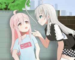  2girls :d absurdres ahoge annrichan artist_name blue_shirt blush bow bowtie breasts brown_eyes brown_hair checkered_bow checkered_bowtie checkered_clothes checkered_skirt clothes_writing collared_shirt commentary cowboy_shot crossover day furrowed_brow green_eyes grey_hair grin haiyore!_nyaruko-san hand_up height_difference highres huge_ahoge index_finger_raised large_breasts leaning_forward long_hair looking_at_another miniskirt motion_lines multiple_girls name_connection nyarlathotep_(nyaruko-san) onii-chan_wa_oshimai! open_mouth outdoors oyama_mahiro profile scared shirt short_sleeves sidelocks skirt smile t-shirt tearing_up thigh-highs trembling upper_body wavy_mouth white_shirt white_thighhighs zettai_ryouiki 