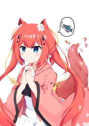  1girl :t absurdres animal_ear_fluff animal_ears ascot black_ascot blue_eyes blunt_bangs blush braid cat_ears cat_girl cat_tail cherry_blossom_print closed_mouth commentary cowboy_shot eating floral_print floral_print_kimono food food_on_face hair_ornament hairclip hands_up highres holding holding_food japanese_clothes kamiyama_shiki kimono long_hair long_sleeves onigiri open_clothes open_kimono pink_kimono ponytail print_kimono red_hair school_uniform sekibaracheice serafuku shirt side_braid sidelocks simple_background skirt solo sparkling_eyes speech_bubble split_ponytail spoken_animal summer_pockets summer_pockets_school_uniform tail tail_raised tail_wagging tassel tassel_hair_ornament v-shaped_eyebrows very_long_hair white_background white_serafuku white_shirt white_skirt wide_sleeves 