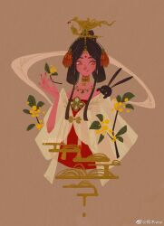  1girl animal bare_shoulders beads bird_hair_ornament black_hair black_rabbit_(animal) branch brown_background chinese_commentary choker closed_mouth colored_skin commentary_request cropped_legs downturned_eyes dress dripping eyeshadow feather_hair_ornament feathers forehead_jewel gem gem_hair_ornament gold_choker gold_necklace green_gem hagoromo hair_beads hair_ornament hair_rings highres holding holding_plant jacket jewelry leaf long_sidelocks long_sleeves looking_at_animal makeup necklace nikki_(series) nostrils osmanthus pink_skin plant rabbit_on_shoulder red_dress red_eyeshadow see-through_clothes see-through_jacket shawl shining_nikki short_hair_with_long_locks sidelocks sight_of_the_moon_(shining_nikki) signature simple_background smile solo strapless strapless_dress tongmu_ww topknot watermark weibo_watermark white_jacket wide_sleeves xiangyun yellow_eyes 