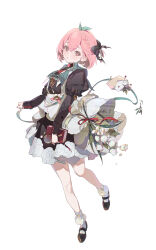  1girl :< absurdres bob_cut bobby_socks book bouquet bow braid brooch double-parted_bangs dress envelope flower flower-trimmed_dress full_body hair_bow head_tilt highres holding holding_book holding_magnifying_glass jewelry juliet_sleeves layered_dress leaf long_sleeves looking_to_the_side magnifying_glass mary_janes medium_dress original petals pinafore_dress pink_eyes pink_hair puffy_sleeves ribbon shoes short_hair single_braid sleeveless sleeveless_dress socks solo standing standing_on_one_leg yi_shin_jian 