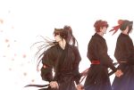  3boys blossom_robber brown_hair cherry_blossoms chungmyung from_side highres holding holding_sword holding_weapon jogeol_(return_of_the_mount_hua_sect) korean_commentary looking_back male_focus multiple_boys ponytail return_of_the_mount_hua_sect sad scar scar_on_hand sword walking weapon white_background wide-eyed yungjong 