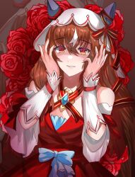  1girl animal_ears bare_shoulders blue_sealad blush breasts brown_hair detached_sleeves dress ear_covers ear_ribbon flower hair_between_eyes hair_ornament hands_on_own_cheeks hands_on_own_face horse_ears horse_girl long_hair looking_at_viewer multicolored_hair open_mouth red_dress red_eyes red_flower red_rose ribbon rose small_breasts smile solo still_in_love_(scarlet_vow_raiment)_(umamusume) still_in_love_(umamusume) streaked_hair umamusume veil white_streaks white_veil 