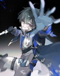  1boy absurdres ahoge aqua_hair black_gloves choker coat collared_shirt dagger earrings evil_grin evil_smile genshin_impact gloves gold_trim grin hair_between_eyes hair_intakes highres holding holding_dagger holding_knife holding_weapon jewelry kamui_(kurohshiro1) knife lohen_(genshin_impact) looking_at_viewer male_focus multicolored_eyes outstretched_arm red_eyes shirt short_hair single_earring smile solo weapon 