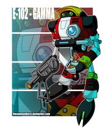  absurdres arm_cannon armor black_border blue_eyes border character_name commentary deviantart_username e-102_gamma english_commentary full_body gatling_gun green_eyes gun highres looking_ahead mecha multicolored_armor no_humans non-humanoid_robot omegasunburst open_hand red_armor reflection robot solo sonic_(series) standing walker_(robot) weapon web_address zoom_layer 