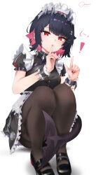  ! 1girl absurdres anaen black_hair black_pantyhose blush breasts candy colored_inner_hair commentary_request ellen_joe finger_to_mouth fins fish_tail food food_in_mouth frilled_wristband hair_ornament hairband hands_up highres index_finger_raised large_breasts large_tail lollipop lollipop_in_mouth looking_at_viewer maid maid_headdress metal_hairband mole mole_under_eye multicolored_hair pantyhose razor_blade_hair_ornament red_eyes red_hair red_nails scar scar_on_tail shark_girl shark_tail short_hair shushing simple_background solo spiked_headband squatting tail two-tone_hair white_background zenless_zone_zero 