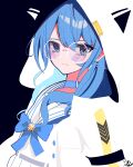  1girl absurdres bangs blending blue_bow blue_bowtie blue_choker blue_eyes blue_hair bow bowtie choker closed_mouth crying crying_with_eyes_open earrings glasses hair_between_eyes highres hololive hood hood_up hooded_jacket hoshimachi_suisei jacket jewelry looking_at_viewer open_clothes open_jacket round_eyewear sailor_collar school_uniform serafuku shirt solo soranori symbol-shaped_pupils tears upper_body virtual_youtuber white_jacket white_sailor_collar white_shirt 