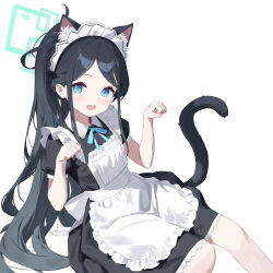  1girl :d absurdres animal_ear_fluff animal_ears apron aqua_halo aqua_ribbon aris_(blue_archive) aris_(maid)_(blue_archive) black_dress black_hair blue_archive blue_eyes blush cat_ears cat_girl cat_tail chinese_commentary commentary_request dress extra_ears feet_out_of_frame frilled_apron frills halo hands_up highres kemonomimi_mode long_hair looking_at_viewer maid maid_headdress neck_ribbon official_alternate_costume open_mouth paw_pose puffy_sleeves ribbon short_sleeves smile solo tail white_apron youtanhuayuan255 