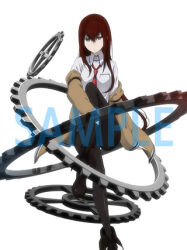  1girl anime_coloring arm_belt artist_request belt black_boots black_pantyhose black_shorts boots breast_pocket breasts brown_hair collared_shirt crossed_legs expressionless frown gears hair_between_eyes hair_over_shoulder jacket jacket_partially_removed leather_belt looking_at_viewer lowres makise_kurisu necktie official_art pantyhose pantyhose_under_shorts pocket promotional_art purple_trim red_necktie sample_watermark science_adventure shirt shorts sitting small_breasts solo steins;gate violet_eyes watermark white_belt white_shirt 