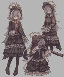  1girl absurdres alternate_costume antique_firearm black_bonnet black_dress blue_archive blue_flower blue_rose blunderbuss bonnet boots brown_eyes closed_mouth commentary_request douin88 dress expressionless flower frilled_dress frilled_sleeves frills gothic_lolita grey_background grey_hair gun hair_over_one_eye halo highres kanoe_(blue_archive) lace-up_boots lolita_fashion long_sleeves looking_at_viewer multiple_views rose simple_background smile swept_bangs weapon 