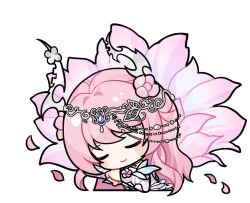  1girl arm_cutout artist_request beads blush_stickers bone chibi choker circlet closed_eyes closed_mouth clothing_cutout cropped_torso detached_sleeves dragon_horns dress floral_rebirth_(infinity_nikki) flower hair_beads hair_ornament horn_flower horns infinity_nikki long_dress long_hair nikki_(series) official_art petals pink_flower pink_hair purple_dress purple_sleeves sleeping smile solo sticker_(medium) strapless strapless_dress swept_bangs transparent_background very_long_hair wavy_hair white_choker white_flower white_horns wrist_flower 