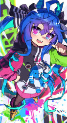  1girl @_@ absurdres ahoge animal_ears aqua_hair blue_eyes blue_hair boots bow brown_leggings colorful_background commentary_request crossed_bangs drawstring from_above hair_between_eyes hair_bow hand_on_own_hip hand_up heterochromia highres hood hoodie horse_ears horse_girl kasuokasuto leggings long_hair long_sleeves looking_at_viewer multicolored_hair multicolored_hoodie open_mouth pointing pointing_at_self sharp_teeth sidelocks solo striped_bow stuffed_animal stuffed_rabbit stuffed_toy teeth twin_turbo_(blast_mode!_turbo_engine)_(umamusume) twin_turbo_(umamusume) twintails two-tone_hair umamusume upper_teeth_only very_long_hair violet_eyes yellow_boots 
