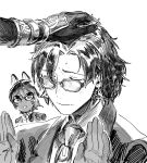  2boys :o animal_ears arjuna_(fate) arjuna_alter_(fate) arjuna_alter_(student_council_president)_(fate) blush closed_eyes closed_mouth collared_shirt constantine_xi_(fate) curtained_hair dark-skinned_male dark_skin earrings fate/grand_order fate_(series) glasses gloves greyscale hair_between_eyes headpat highres jewelry looking_at_another male_focus monochrome multiple_boys necktie official_alternate_costume open_hands out_of_frame qmiqun romulus_quirinus_(fate) shirt short_hair simple_background suit_jacket sweatdrop white_background 