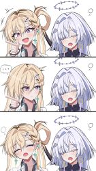  2girls :t absurdres annoyed atoz_(pixiv_29677618) blush closed_mouth commentary_request highres long_hair long_sleeves lynae_(wuthering_waves) meme mornye_(wuthering_waves) multiple_girls pointing pout school_uniform shirt simple_background sleeping unamused unamused_friend_comic_(meme) white_background wuthering_waves yuri 