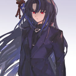  1girl absurdres black_hair black_necktie black_shirt closed_mouth collared_shirt expressionless hatoretasu highres jacket light_particles limbus_company long_hair long_sleeves multicolored_hair necktie parted_bangs pinky_(identity)_(project_moon) project_moon purple_jacket purple_streaks red_eyes ryoshu_(project_moon) shirt simple_background solo streaked_hair sword sword_on_back upper_body very_long_hair weapon weapon_on_back 