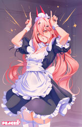  1girl absurdres apron black_dress chainsaw_man cross-shaped_pupils demon_horns dress frilled_apron frills hair_between_eyes hair_ornament highres horns long_hair looking_at_viewer maid maid_apron maid_headdress open_mouth peaceablecolt pink_hair power_(chainsaw_man) puffy_short_sleeves puffy_sleeves red_horns short_sleeves solo symbol-shaped_pupils white_apron yellow_eyes 