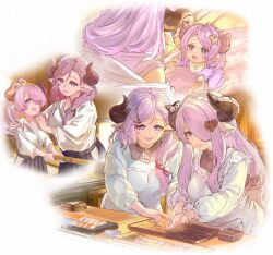 2girls absurdres age_progression baby bokken breasts commentary_request eyelashes granblue_fantasy heart highres horns japanese_clothes keqikehe kimono large_breasts long_hair mother_and_child mother_and_daughter multiple_girls narmaya_(granblue_fantasy) parent_and_child pointy_ears purple_hair sword violet_eyes weapon white_kimono wooden_sword 