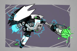  arm_cannon armor black_armor border e-101_beta e-101_mk_ii electricity fishflop floating from_side full_body green_eyes grey_background grey_border holding idle_animation joints mecha multicolored_armor multiple_views no_humans non-humanoid_robot polearm purple_background robot robot_joints science_fiction shield solo sonic_(series) thrusters turnaround walker_(robot) weapon 