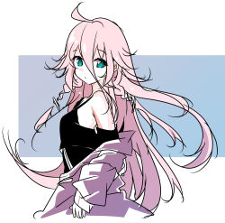  1girl absurdres ahoge aqua_eyes becoma black_camisole blue_background camisole commentary cropped_torso from_side grey_jacket hair_between_eyes highres ia_(vocaloid) jacket long_hair long_hair_between_eyes off_shoulder pink_hair solo very_long_hair vocaloid 