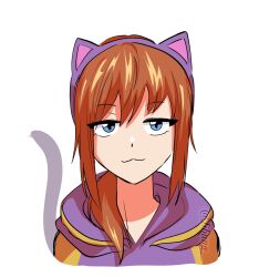  1girl :3 a_hat_in_time animal_ear_hairband animal_ears blue_eyes brown_hair cat_ear_hairband cat_ears closed_mouth commentary cropped_torso fake_animal_ears fake_tail hairband hat_kid highres hood hood_down hooded_jacket jacket jibung jitome long_hair looking_at_viewer multicolored_jacket official_alternate_costume ponytail purple_hairband purple_jacket sidelocks solo tail twitter_username two-tone_jacket white_background yellow_jacket 