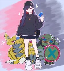  1girl armor baseball_cap black_hair black_hat black_skirt black_sweater card digimon digimon_(creature) digimon_(virtual_pet) digimon_card_game earrings full_body gold_armor green_armor green_helmet group_picture hat helmet highres holding holding_card horns jewelry long_hair ludomon miniskirt multicolored_hair original pendant pleated_skirt poroze red_eyes red_hair scared shield single_horn skirt sweater trading_card two-tone_hair virtual_pet_(toy) zubamon 