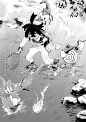  1boy absurdres alternate_costume arrokuda bag commentary_request cramorant crossed_bangs fishing_net fishing_rod gloves greyscale hair_between_eyes hat highres holding holding_fishing_rod jacket kieran_(pokemon) leaf long_sleeves male_focus monochrome open_clothes open_jacket open_mouth partially_fingerless_gloves pokemon pokemon_(creature) pokemon_scarlet_and_violet poliwhirl rock sa_(gtep5825) shoes single_glove standing sweat water yanma 